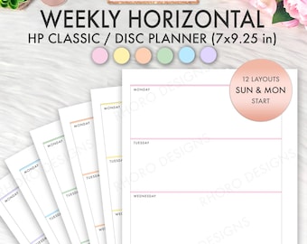 May include: A set of printable weekly planner pages in a pastel colour theme. The pages are designed for a 7x9.25 inch HP Classic or Disc Planner. The pages are labelled with the days of the week, Monday through Thursday. The text "12 Layouts Sun & Mon Start" is visible in the top right corner of the image.