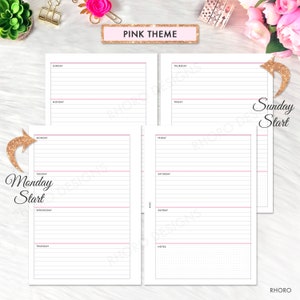 May include: Printable planner pages with a pink theme. The pages are divided into sections for each day of the week, with space for notes. The planner is designed to start on Monday or Sunday.
