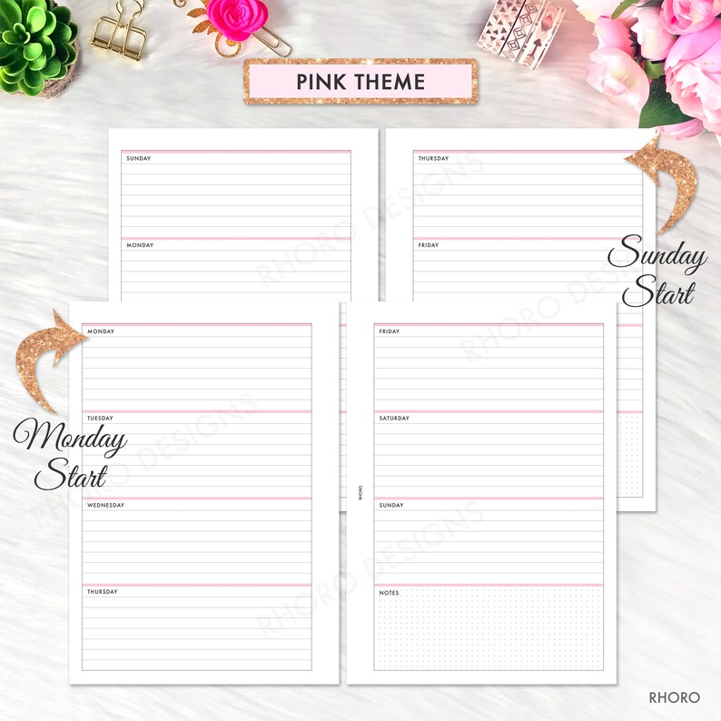 May include: Printable planner pages with a pink theme. The pages are divided into sections for each day of the week, with space for notes. The planner is designed to start on Monday or Sunday.