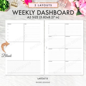Puede incluir: Un tablero de planificaci&oacute;n semanal con dos dise&ntilde;os. El lado izquierdo tiene una secci&oacute;n para prioridades y listas de tareas. El lado derecho tiene una cuadr&iacute;cula en blanco y una secci&oacute;n para tareas diarias. El planificador es de tama&ntilde;o A5, que es 5,83 por 8,27 pulgadas.