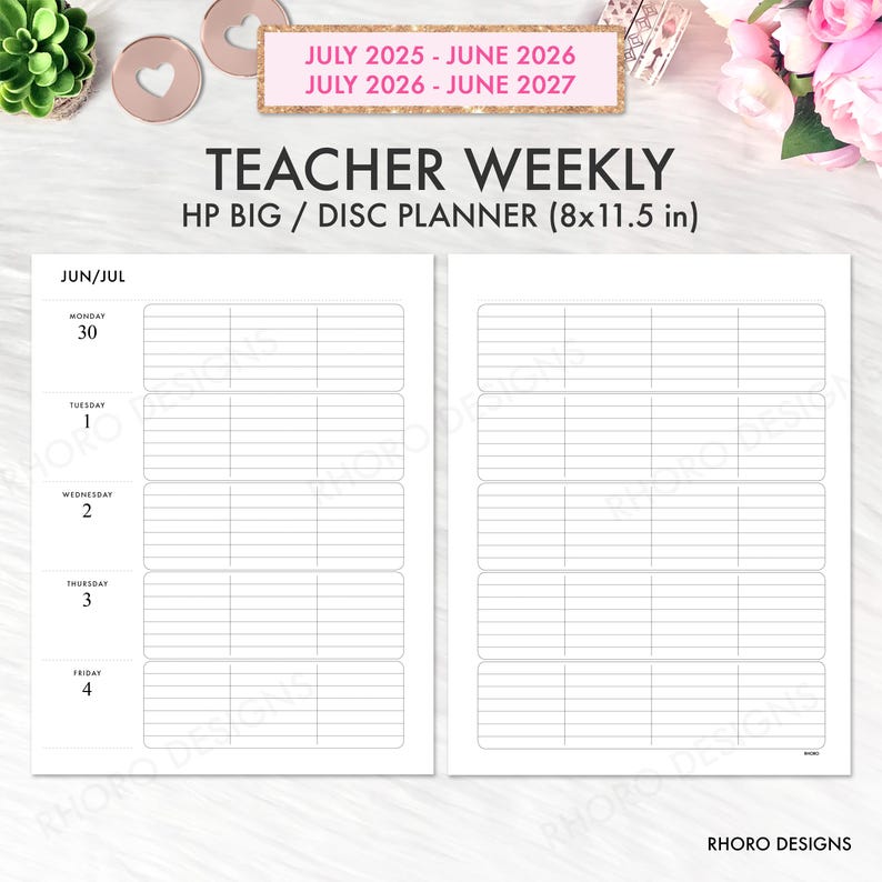 May include: A white Teacher Weekly HP Big/Disc Planner, measuring 8x11.5 inches, with a layout for June/July. The planner includes dates and spaces for daily notes. Text on the planner reads "JULY 2025 - JUNE 2026" and "JULY 2026 - JUNE 2027".
