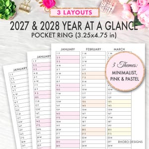Può includere: Un set di inserti per calendario tascabile 2027 e 2028 che misurano 8,26 per 12,07 cm. I fogli di carta bianca presentano testo nero per mesi e giorni, con righe alternate evidenziate in rosa tenue, pesca e giallo.