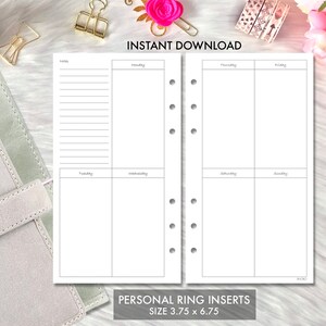 May include: Printable planner insert for a personal size ring binder. The insert is divided into daily columns for Monday through Sunday, with a notes section at the top. The insert is 3.75 inches by 6.75 inches.