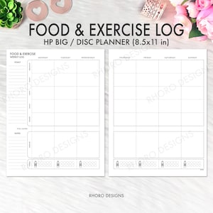 May include: A white Food & Exercise Log planner with a grid layout for weekly tracking. The planner includes sections for goals, meals, exercise, and notes. The text "FOOD & EXERCISE LOG" and "HP BIG / DISC PLANNER (8.5x11 in)" are visible.