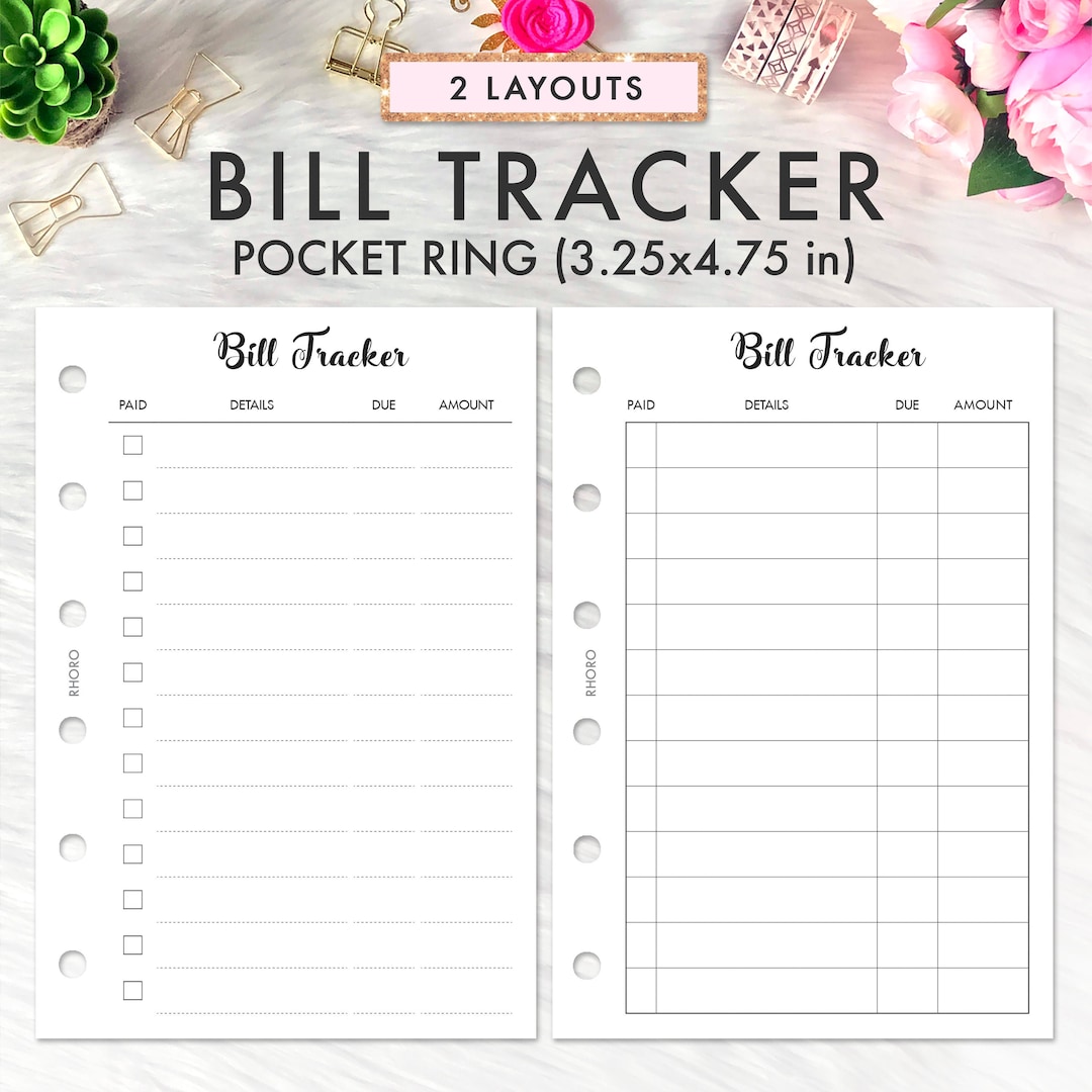 POCKET SIZE RINGS Bill Tracker Inserts Printable, Expense Tracker ...