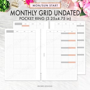 Pocket Ring Size Printable Insert Hobonichi Monthly Printable, Printable Pocket Ring Planner Insert, Filofax Pocket Insert Grid Monthly PDF