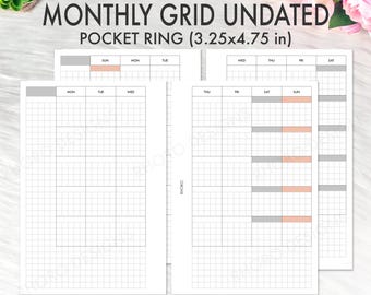 Insert imprimable taille bague de poche Hobonichi mensuel Imprimable, imprimable anneau de poche agenda, Filofax Pocket insert grille PDF mensuel