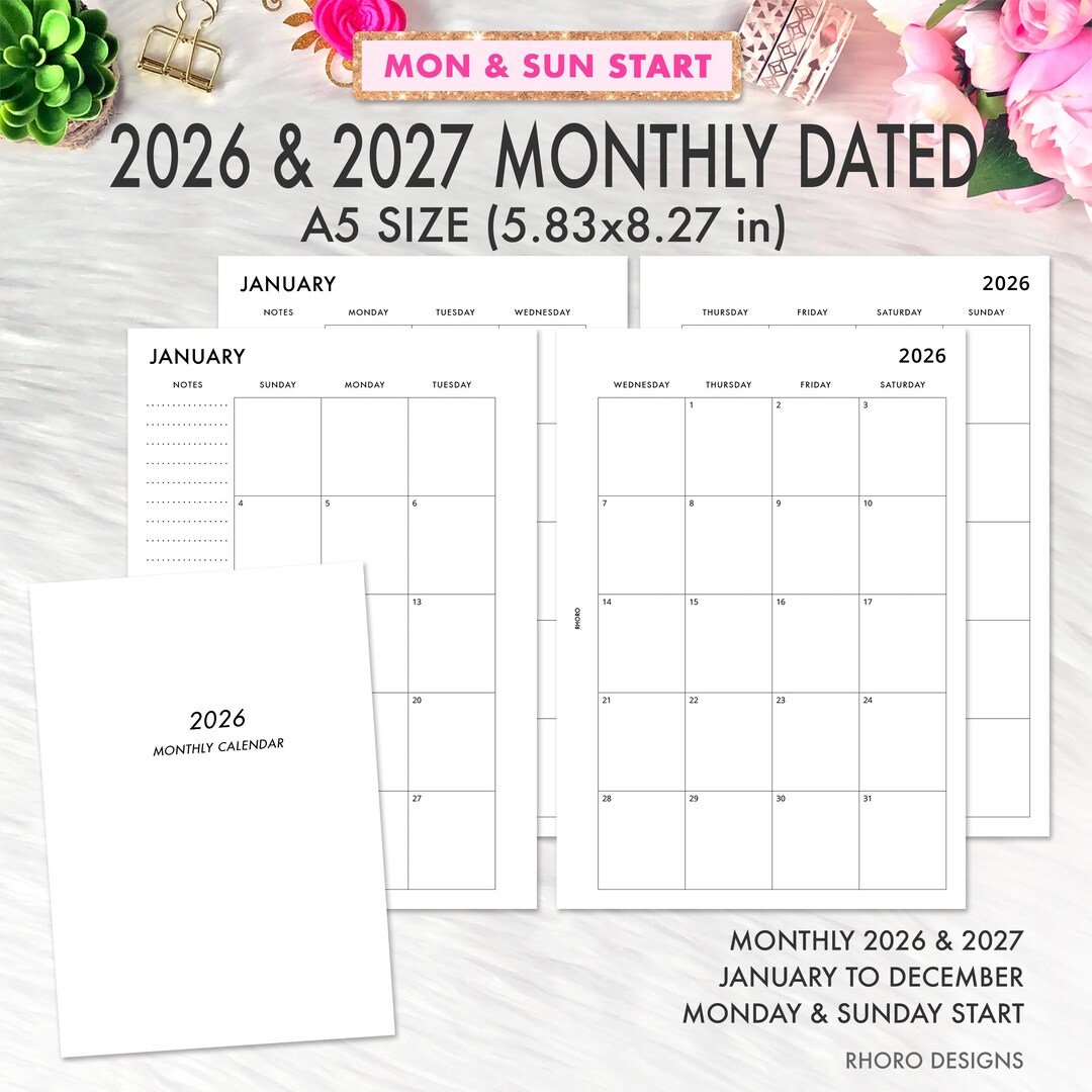 A5 Monthly Planner Inserts Dated, 2026 2027 Monthly Calendar, Monday ...