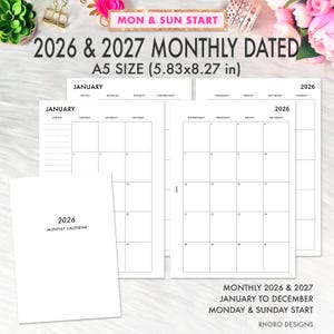 May include: White A5 size (5.83x8.27 in) monthly calendar inserts for 2026 and 2027. The calendar pages include January, with Monday and Sunday start dates. The text "MON & SUN START" is at the top.