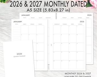 A5 Monthly Planner Inserts Dated, 2026 2027 Monthly Calendar, Monday Sunday Start, A5 Planner Inserts Printable, Filofax A5 PDF Refill MO2P