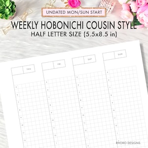 Op de afbeelding: Een printbare weekplanner in een neef-stijl, met een rasterindeling en ruimte voor elke dag van de week. De planner is niet gedateerd en meet 5,5 bij 8,5 inch.