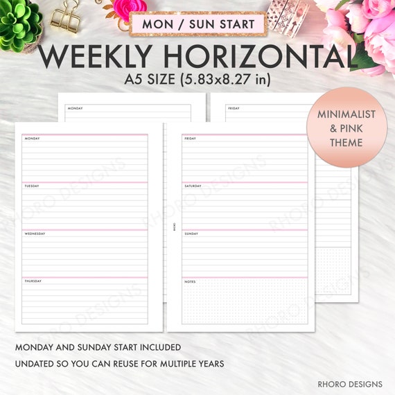 A5 Weekly Planner Inserts, A5 Weekly Planner Inserts, A5 Weekly Printable, A5 Inserts Weekly Undated Printable Inserts, Filofax A5, Kikki K
