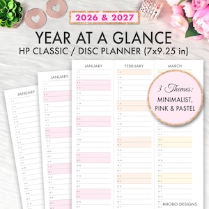 May include: A year-at-a-glance planner for 2026 and 2027, HP Classic/Disc Planner, with a minimalist, pink, and pastel theme. The planner measures approximately 17.8 x 23.5 cm and includes monthly layouts with pink and peach accents.