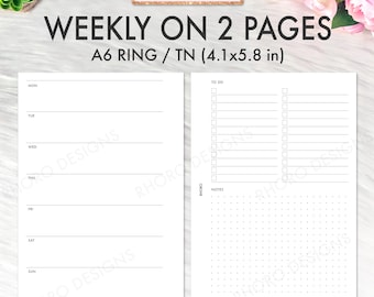 May include: A black and white printable planner page for a weekly schedule. The page is divided into two sections. The left side has a daily schedule from Monday to Sunday. The right side has a to-do list and a dotted grid for notes. The page is labeled "UNDATED WEEKLY ON 2 PAGES A6 RING / TN (4.1x5.8 in)".