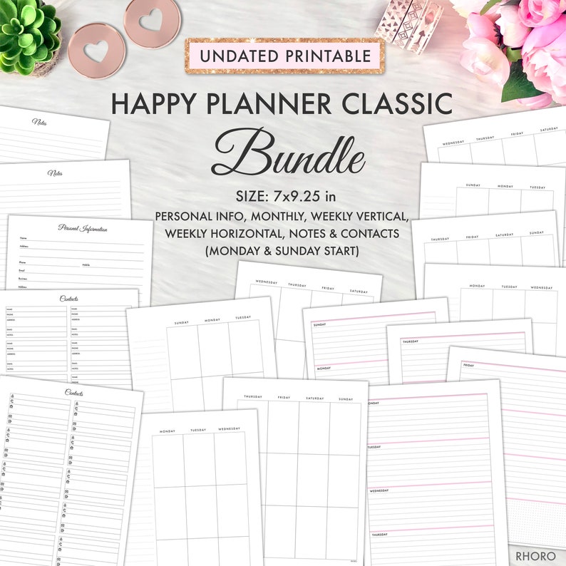 Op de afbeelding: Een printbare Happy Planner Classic Bundle in zwart-wit met roze accenten. De bundel bevat pagina's voor persoonlijke informatie, maandelijkse en wekelijkse verticale en horizontale kalenders, notitiepagina's en contactpagina's. De grootte van de planner is 17,8 x 23,5 cm.