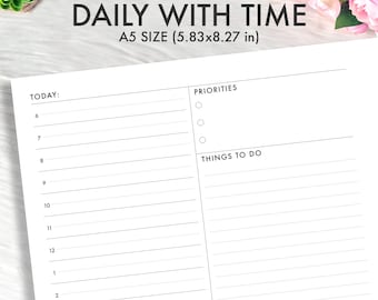 A5 Planner Inserts Printable, A5 Daily Insert, A5 Daily Planner Inserts, A5 Daily On 1 Page DO1P, Daily Pages Hourly Time, A5 PDF Printable