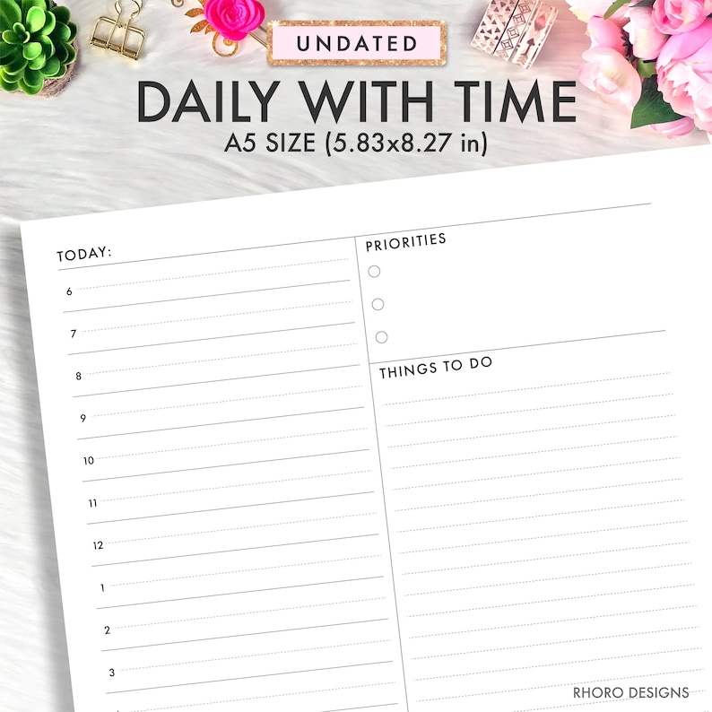 May include: A black and white printable daily planner with the text "TODAY:" and a time column from 6 am to 3 pm. The right side of the planner has the text "PRIORITIES" and "THINGS TO DO" with space for writing.