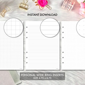 Personal Wide Ring Printable Insert Grid, Lines, Dotted Dot Grid Set, Printable Personal Wide Ring Planner, Foxy Fix Personal Wide Insert