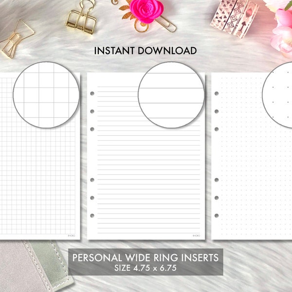 Personal Wide Ring Printable Insert Grid, Lines, Dotted Dot Grid Set, Printable Personal Wide Ring Planner, Foxy Fix Personal Wide Insert