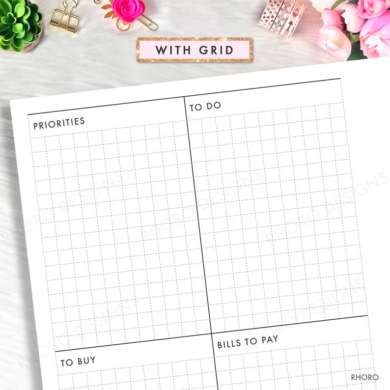 May include: A printable planner page with a grid layout. The page is divided into four sections: Priorities, To Do, To Buy, and Bills to Pay. The text "WITH GRID" is at the top of the page.