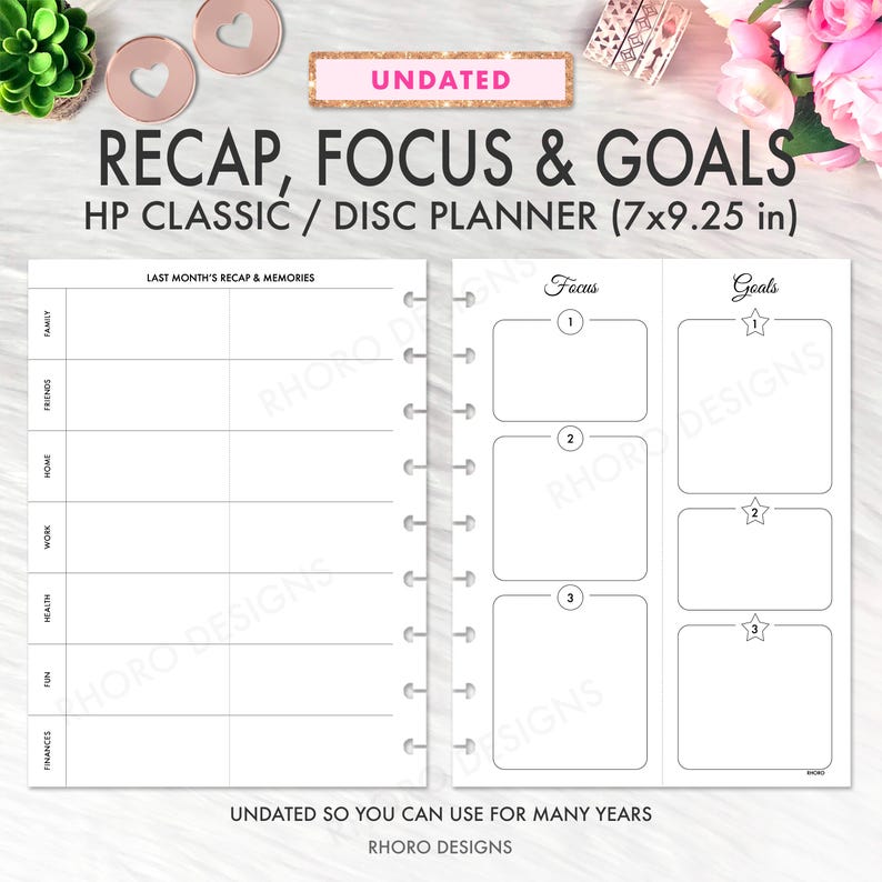 May include: An undated HP Classic disc planner, 7x9.25 inches, with sections for recap, focus, and goals. The planner has a white background with black text and a spiral binding. Includes sections for family, friends, home, work, health, fun, and finances.