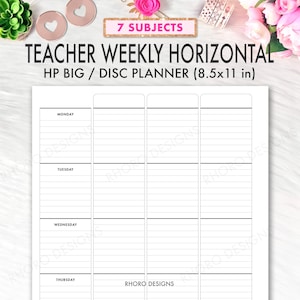 May include: A white teacher weekly horizontal planner page for an 8.5x11 inch HP Big disc planner. The layout features seven subject columns and rows for Monday through Thursday, with black text labels and grid lines for organised lesson planning.