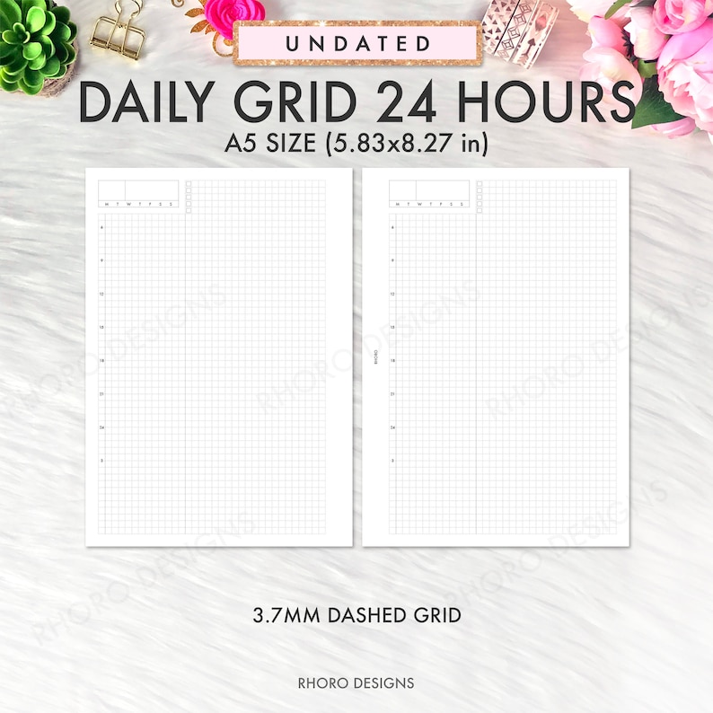 May include: A black and white printable daily grid planner with a 3.7 mm dashed grid. The planner is undated and measures 5.83 by 8.27 inches. The planner is designed for use with a standard A5 size notebook.
