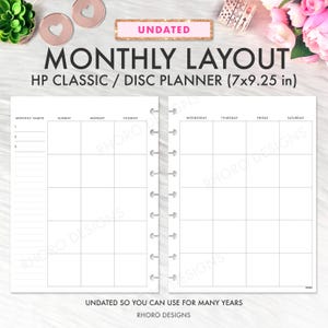 May include: An undated monthly layout disc planner, 7x9.25 inches, with sections for monthly habits and daily scheduling. The planner includes the text "Undated so you can use for many years" and "Rhro Designs".