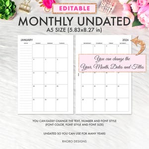 EDITABLE A5 Planner Inserts Printable, A5 Monthly Inserts, A5 Monthly Printable, A5 Monthly Planner Inserts, Filofax A5, Kikki K Large PDF