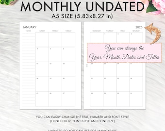EDITABLE A5 Planner Inserts Printable, A5 Monthly Inserts, A5 Monthly Printable, A5 Monthly Planner Inserts, Filofax A5, Kikki K Large PDF