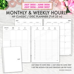 May include: A white planner with a monthly and weekly hourly layout, designed for HP Classic/Disc planners. The planner includes dates from July 2025 to June 2027, with each page measuring 17.78 x 23.5 cm. The design includes a July cover and a detailed hourly schedule.