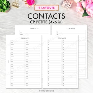 May include: Four white contact list planner inserts measuring 4x6 inches. Each sheet features black text and lines with headers for name, phone, address, email, and notes. Some layouts include small icons for contact details and the text 4 LAYOUTS.