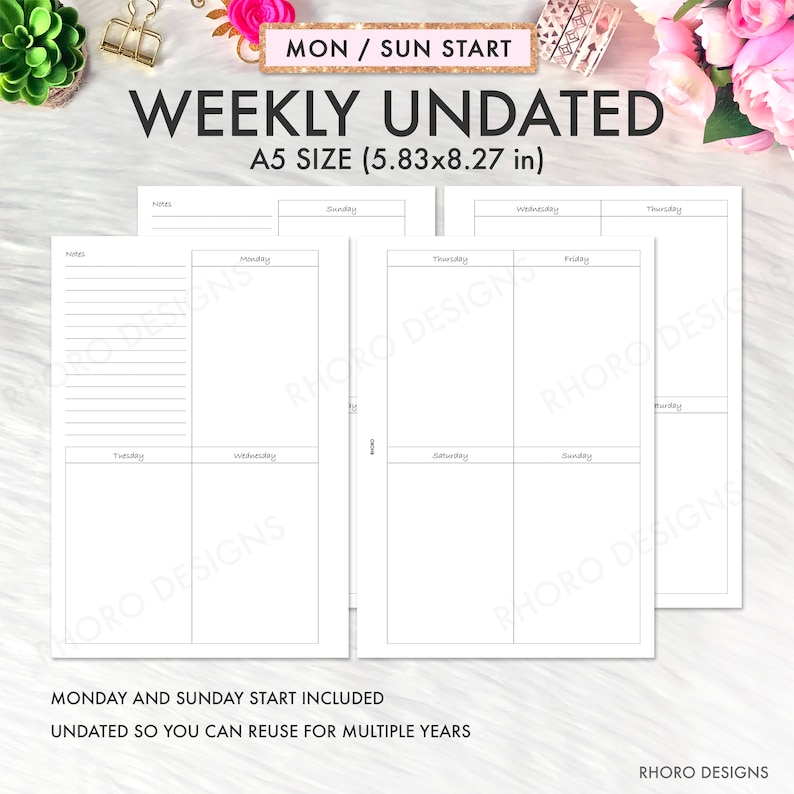 A5 Planner Inserts Printable Weekly Insert A5 Inserts Weekly Etsy