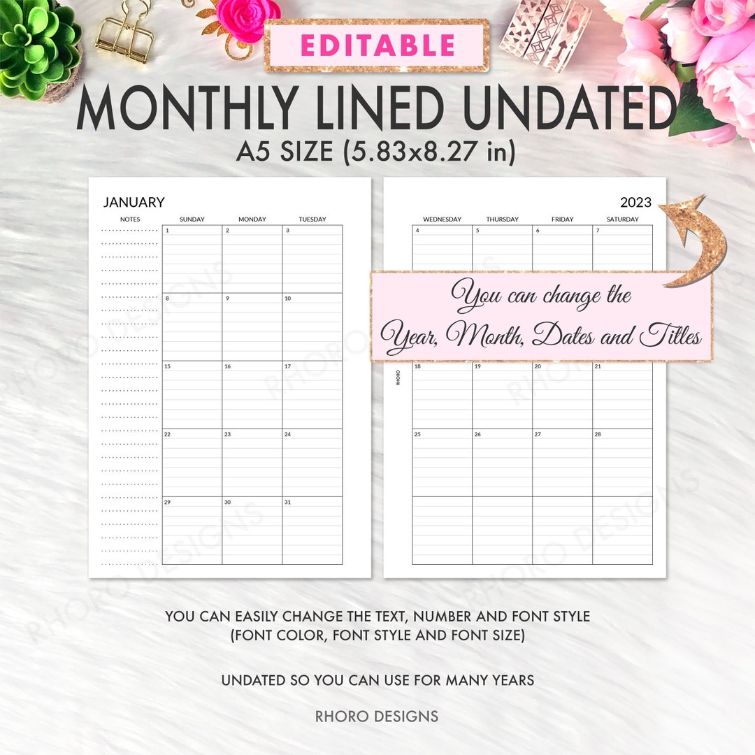 EDITABLE A5 Planner Inserts Printable A5 Monthly Lined - Etsy