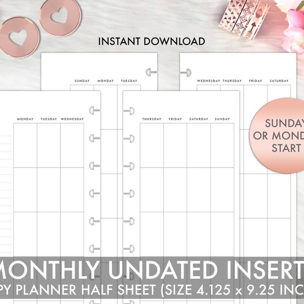 SKINNY HALF SHEET Happy Planner Printable Inserts, Monthly Undated, Monthly Planner Refill Happy Planner Classic Half Sheet Printable 2024