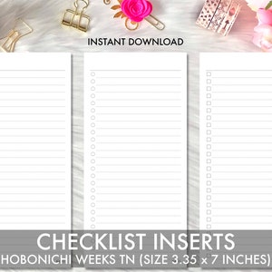 May include: Three printable checklist inserts for the Hobonichi Weeks TN planner. Each insert has a different style of checklist: hearts, circles, and squares. The inserts are designed to fit the Hobonichi Weeks TN planner, which is 3.35 inches by 7 inches.