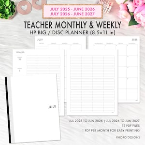 May include: A white Teacher Monthly & Weekly HP Big/Disc Planner, 8.5x11 inches, with the text "JULY 2025 - JUNE 2026" and "JULY 2026 - JUNE 2027". The planner includes monthly and weekly layouts, with a cover that says "JULY".