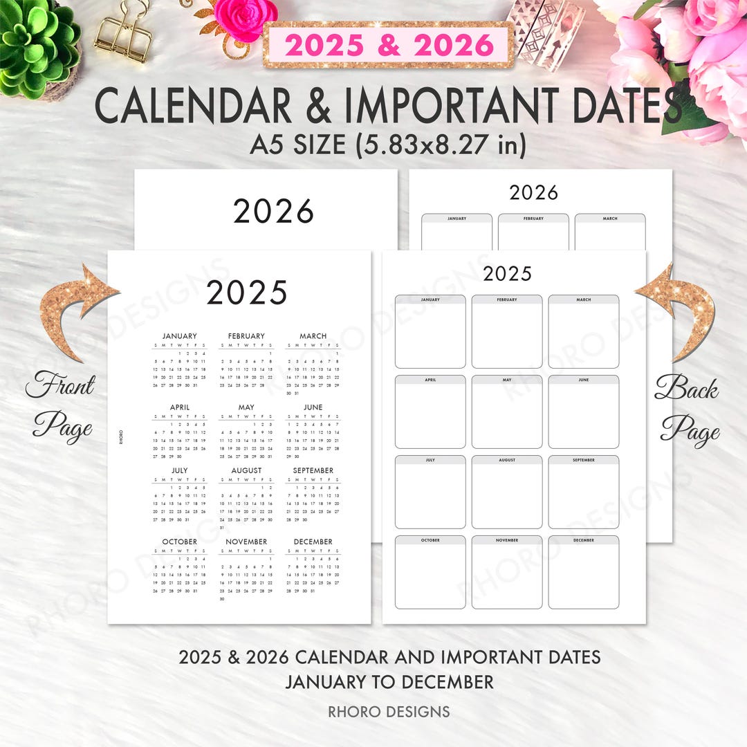 A5 Calendar 2025 2026, A5 Planner Inserts Printable 2025, A5 Printable
