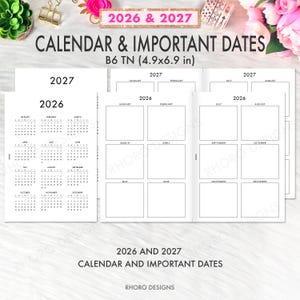 May include: A planner with calendar pages for 2026 and 2027, with a B6 TN size of 12.4 x 17.5 cm. The pages include monthly calendars and space for important dates. The design is minimalist with black text on white paper.