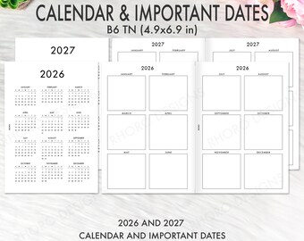 May include: A planner with calendar pages for 2026 and 2027, with a B6 TN size of 12.4 x 17.5 cm. The pages include monthly calendars and space for important dates. The design is minimalist with black text on white paper.