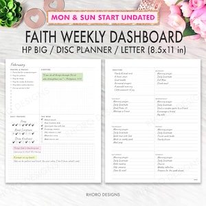 Puede incluir: Una hoja de planificación Faith Weekly Dashboard para agendas de discos HP Big, de 21,6x27,9 cm. El diseño sin fecha incluye secciones para oraciones, escrituras, seguimiento diario y un horario semanal con columnas de lunes a domingo.