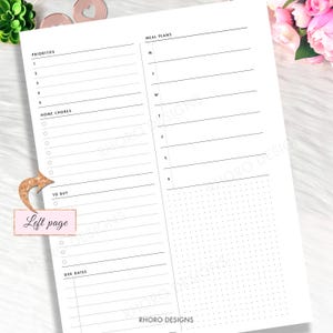May include: A white planner page with sections for priorities, home chores, to-buy items, due dates, and meal plans. The page includes a dotted grid and lines for writing. The text "Left page" is visible.