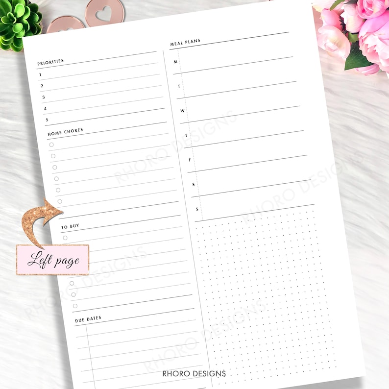 May include: A white planner page with sections for priorities, home chores, to-buy items, due dates, and meal plans. The page includes a dotted grid and lines for writing. The text "Left page" is visible.