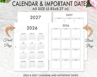 A5 Calendar 2026 2027, A5 Planner Inserts Printable, Yearly Overview Binder Planner Inserts, A5 Planner Pages Refill Instant Download PDF