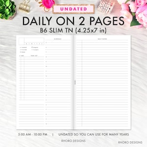 B6 Slim TN Printable Inserts, Daily Inserts, Daily With Time, Personal Inserts, Daily on 2 Pages DO2P, Franklin Covey Two Page Per Day PDF