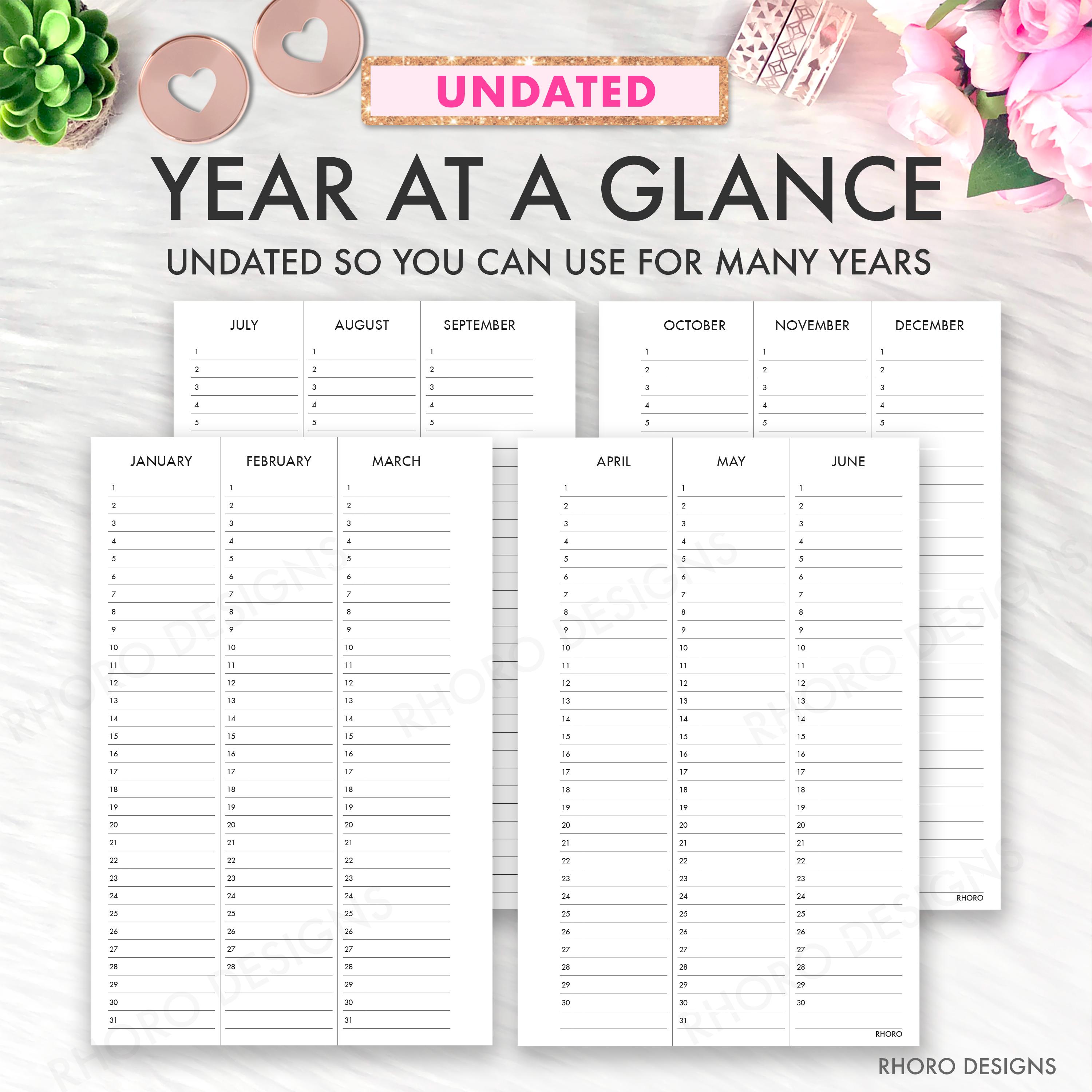 Mini Happy Planner Printable Inserts, Year at A Glance Undated Calendar ...