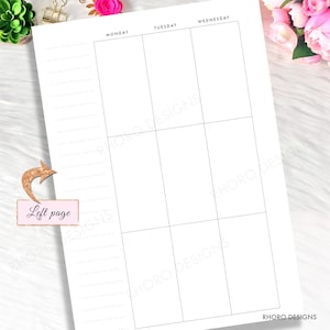 K&ouml;nnte beinhalten: Eine wei&szlig;e Planerseite mit Wochenlayout, mit Abschnitten f&uuml;r Montag, Dienstag und Mittwoch. Gepunktete Linien und ein Label "Left page" sind sichtbar. Das Design enth&auml;lt das Logo "RHORO DESIGNS".