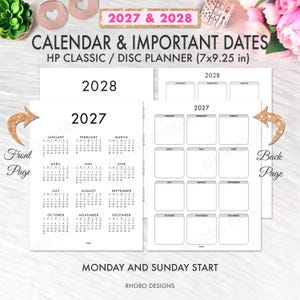 May include: A printable calendar and important dates insert for an HP Classic disc planner measuring 7x9.25 inches. The pages feature 2027 and 2028 yearly calendars with both Monday and Sunday start options, displayed in a clean black and white layout.