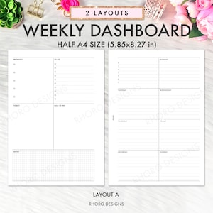 May include: A printable weekly planner template in black and white with two different layouts. The template is designed for half A4 size paper, measuring 5.85 by 8.27 inches. The first layout includes sections for priorities, to do, to buy, bills to pay, and notes. The second layout includes sections for each day of the week, Monday through Sunday.