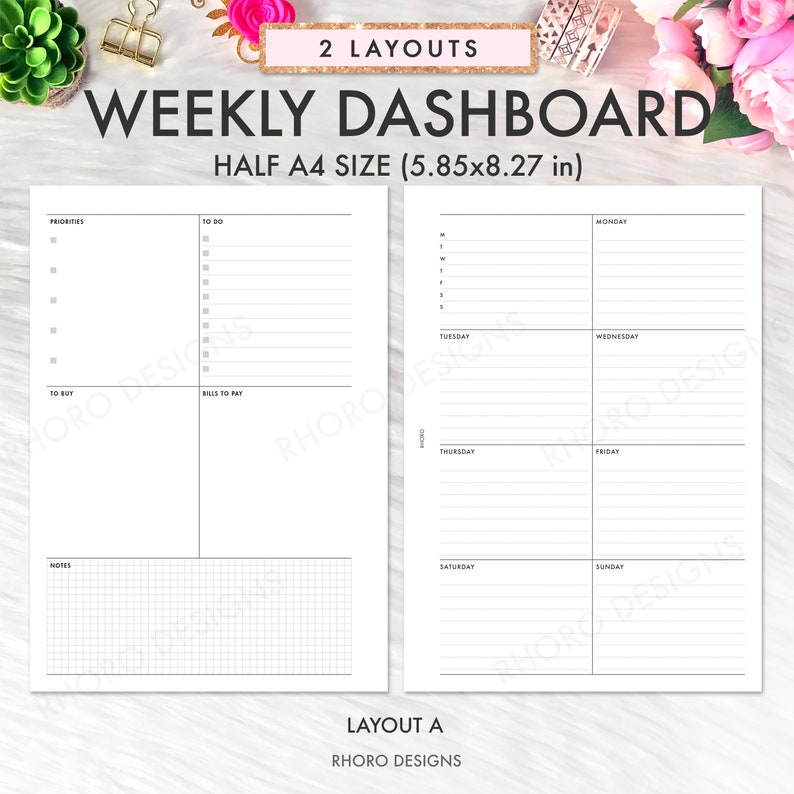 May include: A printable weekly planner template in black and white with two different layouts. The template is designed for half A4 size paper, measuring 5.85 by 8.27 inches. The first layout includes sections for priorities, to do, to buy, bills to pay, and notes. The second layout includes sections for each day of the week, Monday through Sunday.
